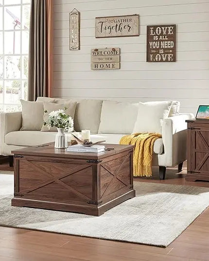 Farmhouse Square Coffee Table with Storage, Wood Center Table with Hinged Lift Top, Rustic Cocktail Table with Large Hidden Storage Compartment for Living Room, Bedroom,Brown - LeafyLoom