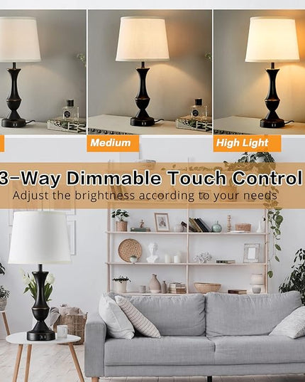Luvkczc Table Lamps for Bedrooms Set of 2, Touch Bedside Lamps with USB C+A Ports, 3-Way Dimmable White Nightstand lamps, Bed lamp for Reading, Office, Bulbs Included - LeafyLoom