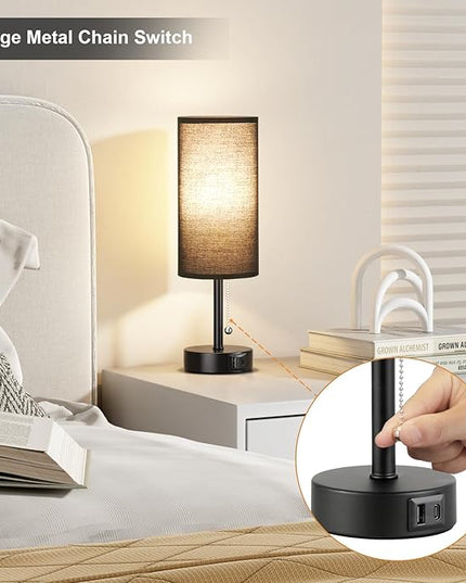 Black Bedside Lamp for Bedroom Nightstand - Small Table Lamp with USB A + C Charging Port, 3 Color Temperatures Pull Chain Night Stand Light with Bulb， Side Table Desk Reading Lamp for Living Room - LeafyLoom
