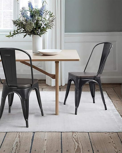 YOUNIKE Metal Dining Chairs Set of 4 Iron Stackable Removable Back Wood Seat Patio Chairs Rubber Feet Stylish Modern Indoor Outdoor Classic Chic Industrial Vintage Bistro Kitchen Matte Black - LeafyLoom
