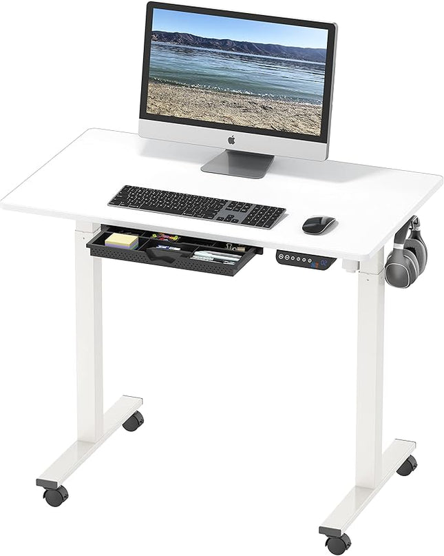 SHW Small Electric Height Adjustable Mobile Sit Stand Desk with Drawer, Hanging Hooks and Cable Management, 40 x 24 Inches, White - LeafyLoom