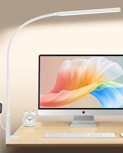 Desk Lamp with Clamp, Stepless Dimming Desk Lamps for Home Office Adjustable Desk Light Eye Caring Desk Lamp Office Lamp with USB Adapter for Working Drawing Sewing (White) - LeafyLoom
