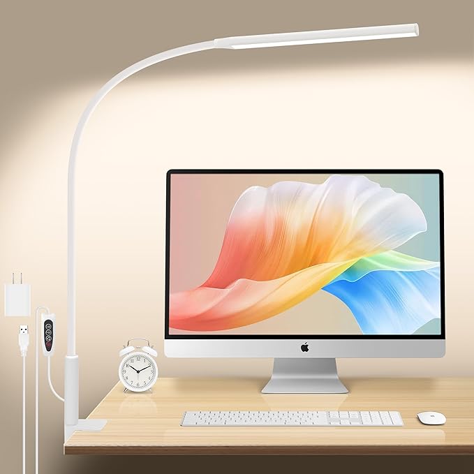 Desk Lamp with Clamp, Stepless Dimming Desk Lamps for Home Office Adjustable Desk Light Eye Caring Desk Lamp Office Lamp with USB Adapter for Working Drawing Sewing (White) - LeafyLoom