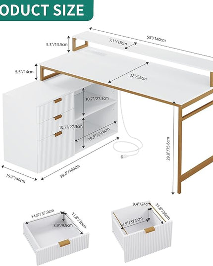DWVO L Shaped Desk with File Cabinet & Power Outlets, 55" Computer Desk with Drawers, Corner Desk Office Desk with LED Light, White & Gold - LeafyLoom