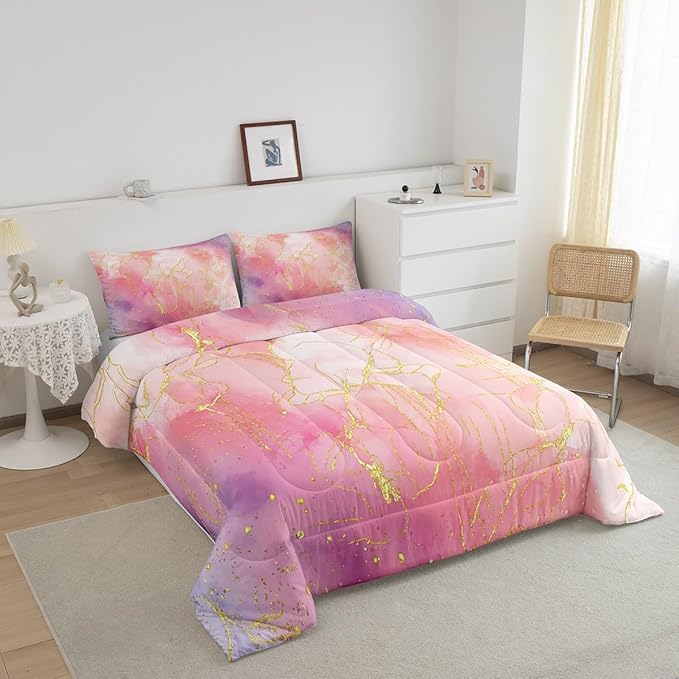Pink Tie Dye Comforter Set, Marble Art Bedding for Boys Girls Teens Women, Glitter Marbling Printed Bedding Comforter Sets Pastel Aesthetic Duvet Insert Marble Bedroom Decor with 2 Pillowcases, Queen - LeafyLoom