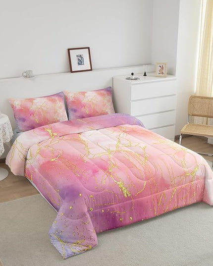 Pink Marble Bedding Comforter Sets Full Size, Tie Dye Marble Decor Comforter Set for Boys Girls Women Bedroom, Gold Bronzing Marble Bedding Pink Purple Modern Abstract Quilt with 2 Pillowcases - LeafyLoom
