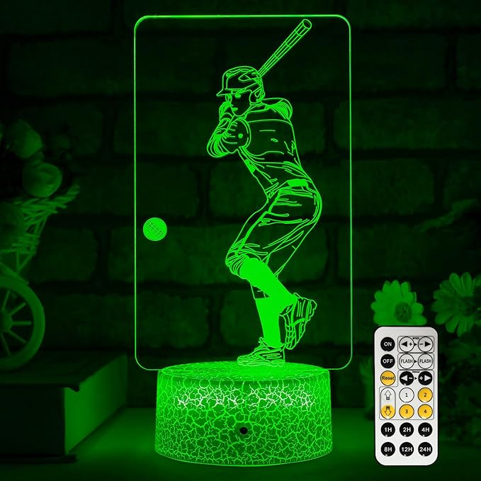 Baseball Light,Baseball Bedside Lamp 7 Colors Change + Remote Control with Timer Night Light Optical Illusion Lamps for Gift Ideas for Boys or Kids - LeafyLoom