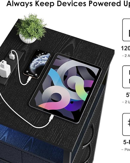 Fixwal Night Stand with Charging Station, LED Dresser for Bedroom Tall Nightstand with USB Ports and Outlets, 4 Fabric Storage Drawers with PU Finish, Bed Side Table, Black - LeafyLoom