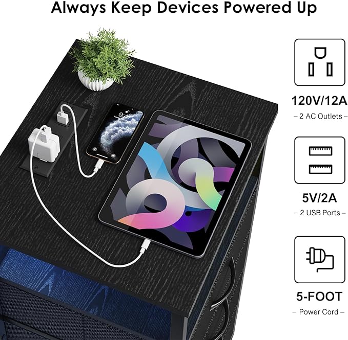 Fixwal Night Stand with Charging Station, LED Dresser for Bedroom Tall Nightstand with USB Ports and Outlets, 4 Fabric Storage Drawers with PU Finish, Bed Side Table, Black - LeafyLoom