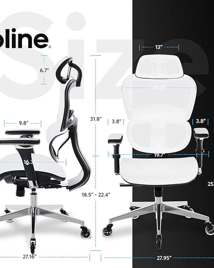 Oline ErgoPro Ergonomic Office Chair - Rolling Desk Chair with 4D Adjustable Armrest, 3D Lumbar Support and Blade Wheels - Mesh Computer Chair, Gaming Chairs, Executive Swivel Chair (White) - LeafyLoom