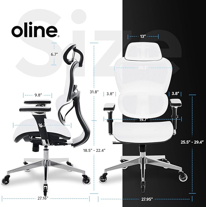 Oline ErgoPro Ergonomic Office Chair - Rolling Desk Chair with 4D Adjustable Armrest, 3D Lumbar Support and Blade Wheels - Mesh Computer Chair, Gaming Chairs, Executive Swivel Chair (White) - LeafyLoom