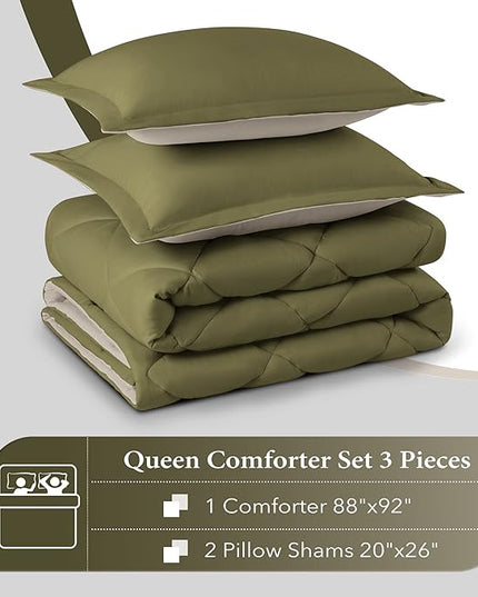 downluxe Queen Comforter Set, Lightweight Solid Down Alternative Reversible, 3-Piece Queen Size Comforter Set with 2 Reversible Pillow Shams (Olive Green/Ivory) - LeafyLoom