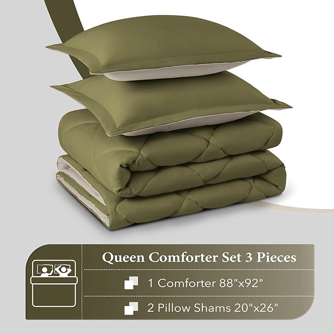 downluxe Queen Comforter Set, Lightweight Solid Down Alternative Reversible, 3-Piece Queen Size Comforter Set with 2 Reversible Pillow Shams (Olive Green/Ivory) - LeafyLoom