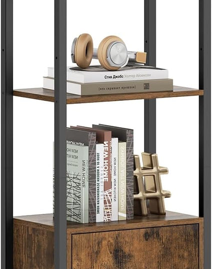 VASAGLE 6-Tier Bookshelf, Tall Bookcase with Door, Steel Frame, Adjustable Shelves, 9.4 x 15.7 x 62.8 Inches, Living Room Bedroom, Rustic Brown and Ink Black ULLS132K01 - LeafyLoom