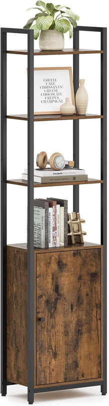 VASAGLE 6-Tier Bookshelf, Tall Bookcase with Door, Steel Frame, Adjustable Shelves, 9.4 x 15.7 x 62.8 Inches, Living Room Bedroom, Rustic Brown and Ink Black ULLS132K01 - LeafyLoom