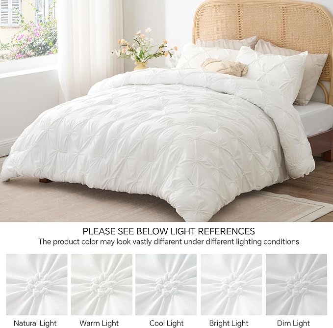 BEDELITE White King Size Comforter Set - 3 Pieces Boho Pintuck Bedding Comforter Sets, Lightweight Soft & Warm King Bedding Set with 2 Pillowcases for All Season - LeafyLoom