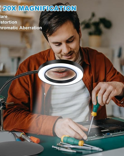 NZQXJXZ 20X10X Magnifying Glass with Light and Stand Lighted Magnifier with 72 LEDs 3 Color Modes and 10 Stepless Dimmable Desk Magnifying Lamp for Hobbies, Reading, Close Work, Jewelry - LeafyLoom