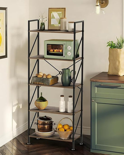 5 Tier Bookshelf Bookcase Wood Tall Bookshelf Open Shelf,Farmhouse Bookshelf Book case, Industrial Bookshelf Storage Organizer for Bedroom,Living Room,Office, Rustic Brown - LeafyLoom