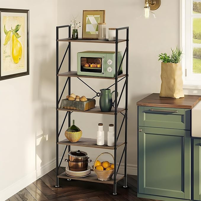 5 Tier Bookshelf Bookcase Wood Tall Bookshelf Open Shelf,Farmhouse Bookshelf Book case, Industrial Bookshelf Storage Organizer for Bedroom,Living Room,Office, Rustic Brown - LeafyLoom
