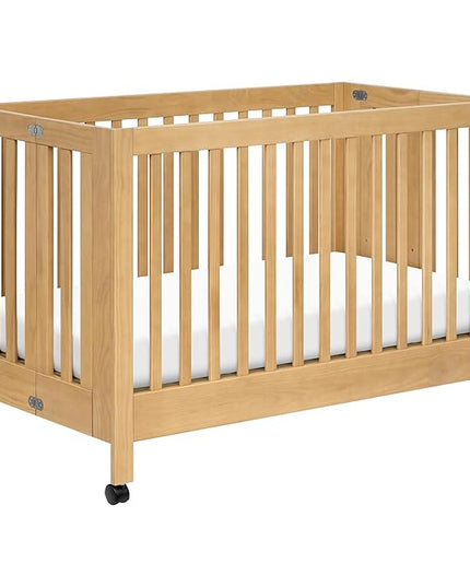 Babyletto Maki Full-Size 2-in-1 Portable Folding Crib with Toddler Bed Conversion Kit in Honey, Greenguard Gold Certified - LeafyLoom