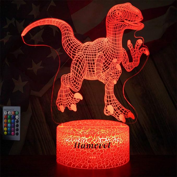 Dinosaur Night Lights for Kids Christmas Gift for Boys Birthday Dino Toy Raptor 3D Illusion Lamp Remote Control 16 Color Change - LeafyLoom