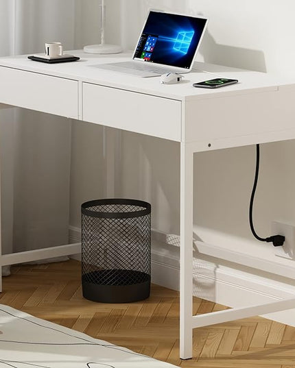 Treocho Computer Desk with USB Charging Ports and Power Outlets, Modern Simple 40 inch White Desk with 2 Drawers, Vanity Desk, Makeup Table for Home Office, Bedroom - LeafyLoom