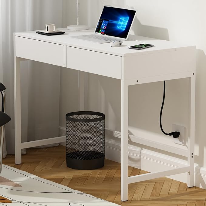 Treocho Computer Desk with USB Charging Ports and Power Outlets, Modern Simple 40 inch White Desk with 2 Drawers, Vanity Desk, Makeup Table for Home Office, Bedroom - LeafyLoom