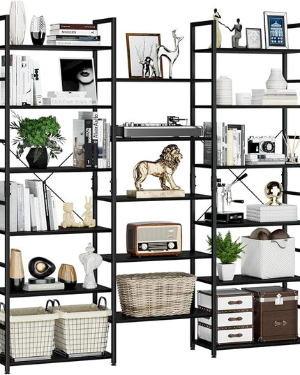 NUMENN Triple Wide 6 Tier Bookshelf, Rustic Industrial Style Bookcases and Bookshelves with 17 Open Display Shelves, Modern Tall Bookcase Furniture for Bedroom, Living Room and Home Office, Black - LeafyLoom