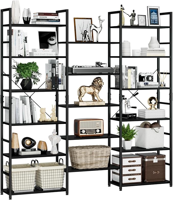 NUMENN Triple Wide 6 Tier Bookshelf, Rustic Industrial Style Bookcases and Bookshelves with 17 Open Display Shelves, Modern Tall Bookcase Furniture for Bedroom, Living Room and Home Office, Black - LeafyLoom