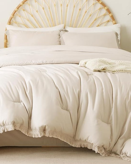 Litanika Beige Queen Comforter Set, 3 Pieces Cream Boho Tassel Lightweight Bed Comforter Queen,All Season Soft Solid Color Bedding Comforter Sets Ivory (1 Comforter 90x90 Inch, 2 Pillowcases) - LeafyLoom