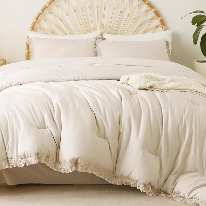 Litanika Beige Queen Comforter Set, 3 Pieces Cream Boho Tassel Lightweight Bed Comforter Queen,All Season Soft Solid Color Bedding Comforter Sets Ivory (1 Comforter 90x90 Inch, 2 Pillowcases) - LeafyLoom