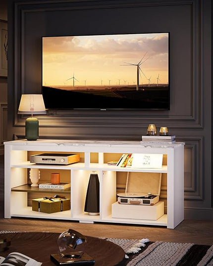 Bestier LED Tall Entertainment Center, 55 inch TV Stand for 55/60/65 inch TV, TV Console with Storage for PS5, Media TV Cabinet with Adjustable Shelf for Living Room, White Marble - LeafyLoom