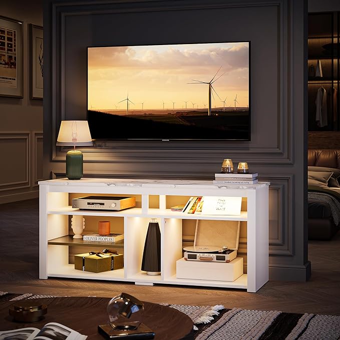 Bestier LED Tall Entertainment Center, 55 inch TV Stand for 55/60/65 inch TV, TV Console with Storage for PS5, Media TV Cabinet with Adjustable Shelf for Living Room, White Marble - LeafyLoom