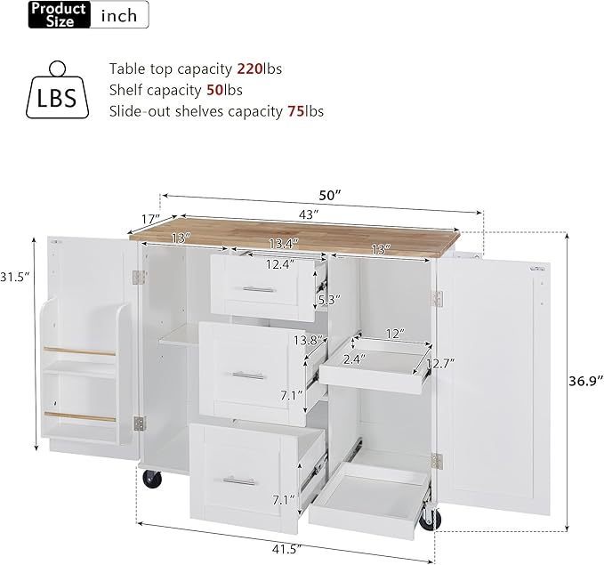 50Inch Rolling Kitchen Island Cart with Internal Cabinet, 3 Drawers and Storage Shelf, Kitchen-Island Table on Wheels w/Rubber Wood Top, Spice Rack, for Dining Room House Bar - LeafyLoom