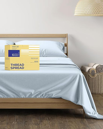 THREAD SPREAD Luxury Egyptian Cotton Sheets Twin XL Size - 600 Thread Count 3 PC Twin XL Sheets Deep Pockets, Cooling Sateen Weave College Dorm Bedding Twin XL, Fits Mattress upto 18"- Light Blue - LeafyLoom