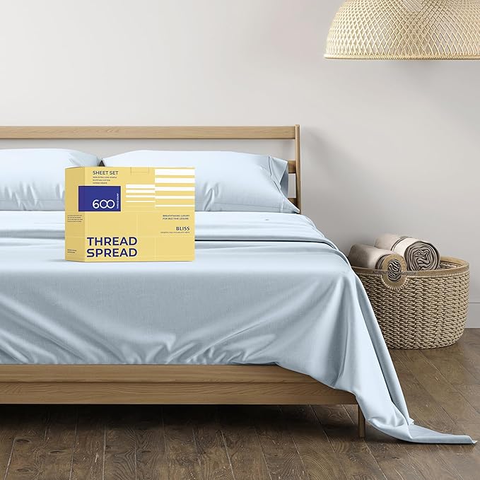 THREAD SPREAD 100% Egyptian Cotton Split King Sheets Sets for Adjustable Bed - 600 Thread Count 5 PC Top Split King Sheets, 16" Deep Pocket Cooling Sheets for Split King Adjustable Bed - Light Blue - LeafyLoom