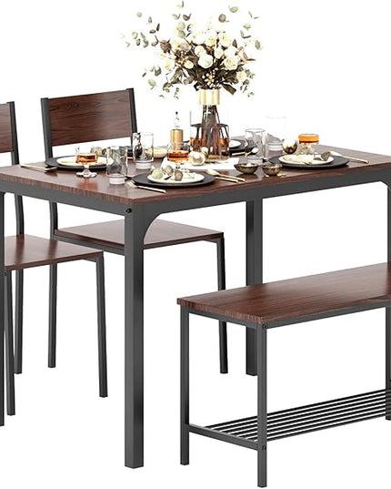 sogesfurniture Modern 4-Piece Kitchen Dining Table Set with 1 Bench and 2 Chairs, Kitchen Bench Table Set for 4, Wooden Kitchen Table and Chairs for Limited Space,Brown - LeafyLoom