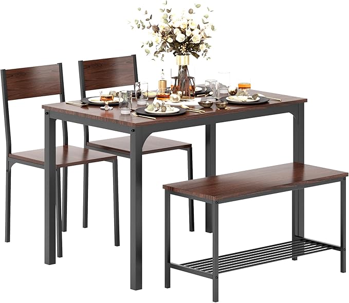 sogesfurniture Modern 4-Piece Kitchen Dining Table Set with 1 Bench and 2 Chairs, Kitchen Bench Table Set for 4, Wooden Kitchen Table and Chairs for Limited Space,Brown - LeafyLoom