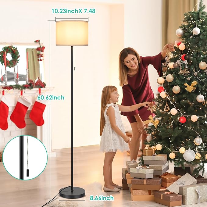 FOLKSMATE Floor Lamp for Living Room, Modern LED Simple Standing Lamps, Minimalist Tall Lamp for Bedroom, Living Room, Office, Kids Room, Reading Light, Black Pole Lamp with White Shade, without Bulb - LeafyLoom