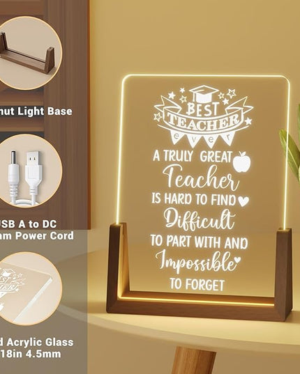 Teacher Appreciation Gifts from Student - Best Teacher Acrylic Plaque with Walnut Night Light - End of Year Thank You Gifts - Retirement Gifts for Teacher - Teacher Gift Ideas for Women - LeafyLoom