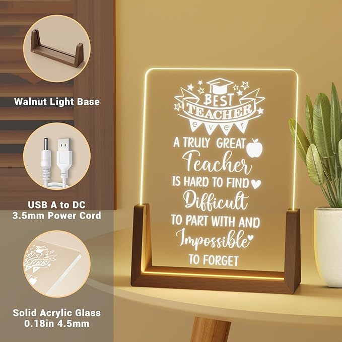 Teacher Appreciation Gifts from Student - Best Teacher Acrylic Plaque with Walnut Night Light - End of Year Thank You Gifts - Retirement Gifts for Teacher - Teacher Gift Ideas for Women - LeafyLoom