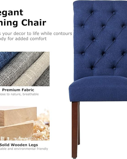 COLAMY Button Tufted Dining Chairs Set of 6, Parsons Upholstered Fabric Dining Room Chairs Kitchen Chairs with Wood Legs and Padded Seat, Dark Blue - LeafyLoom