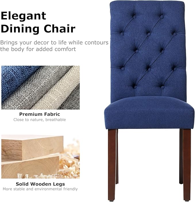 COLAMY Button Tufted Dining Chairs Set of 6, Parsons Upholstered Fabric Dining Room Chairs Kitchen Chairs with Wood Legs and Padded Seat, Dark Blue - LeafyLoom