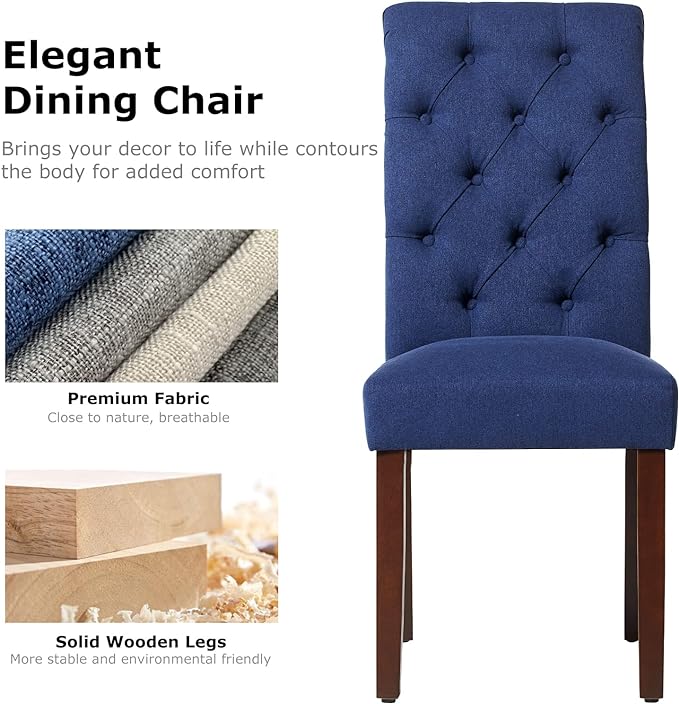 COLAMY Button Tufted Dining Chairs Set of 4, Parsons Upholstered Fabric Dining Room Chairs Kitchen Chairs with Wood Legs and Padded Seat, Dark Blue - LeafyLoom