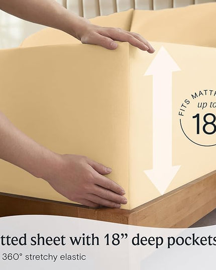 LuxClub 7 PC Split King Sheet Set, Breathable Luxury Bed Sheets, Deep Pockets 18" Eco Friendly Wrinkle Free Cooling Sheets Machine Washable Hotel Bedding Silky Soft - Yellow Split King - LeafyLoom