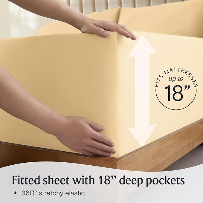 LuxClub 7 PC Split King Sheet Set, Breathable Luxury Bed Sheets, Deep Pockets 18" Eco Friendly Wrinkle Free Cooling Sheets Machine Washable Hotel Bedding Silky Soft - Yellow Split King - LeafyLoom