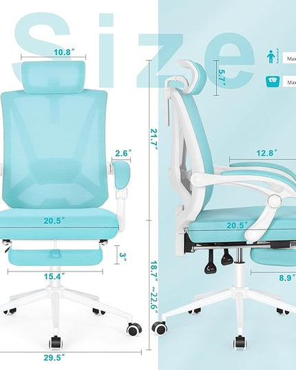 Misolant Ergonomic Office Chair with Footrest, Ergonomic Desk Chair with Adjustable 2D Lumbar Support, High Back Office Chair with Adjustable Headrest, Comfortable Executive Office Chair -Blue - LeafyLoom