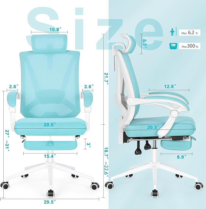 Misolant Ergonomic Office Chair with Footrest, Ergonomic Desk Chair with Adjustable 2D Lumbar Support, High Back Office Chair with Adjustable Headrest, Comfortable Executive Office Chair -Blue - LeafyLoom