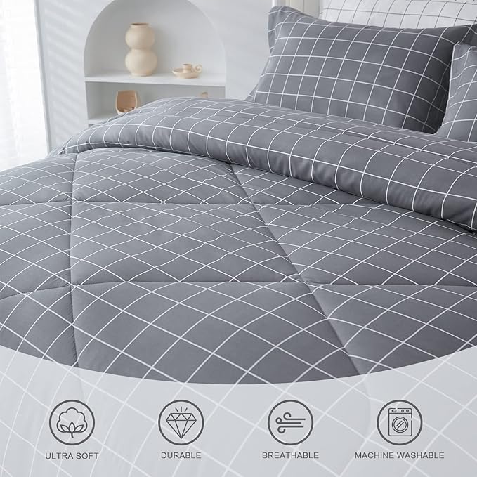 Andency Grey Grid Comforter Twin Size(66x90 inch), 2 Pieces (1 Comforter and 1 Pillowcase), Summer Lightweight Microfiber Down Alternative Bedding Comforter Sets with White Lines for Kids Boys Girls - LeafyLoom