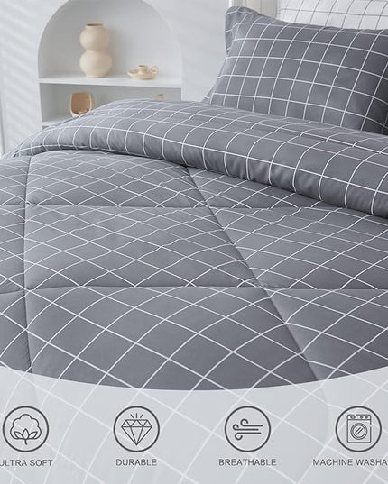 Andency Grey Grid Comforter Set King Size (104x90 inch), 3 Pieces (1 Grey Comforter and 2 Pillowcases), Summer Lightweight Microfiber Down Alternative Bedding Comforter Sets with White Lines - LeafyLoom